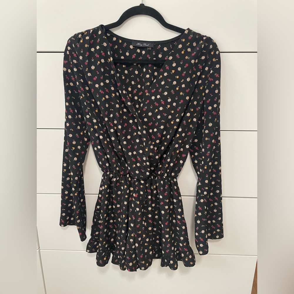 Honey Punch black floral short dress with long flair bell sleeves. Size XS